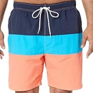 Nautica Men's Quick Dry Tri-Block Swim Trunks in navy, blue, and coral/pink